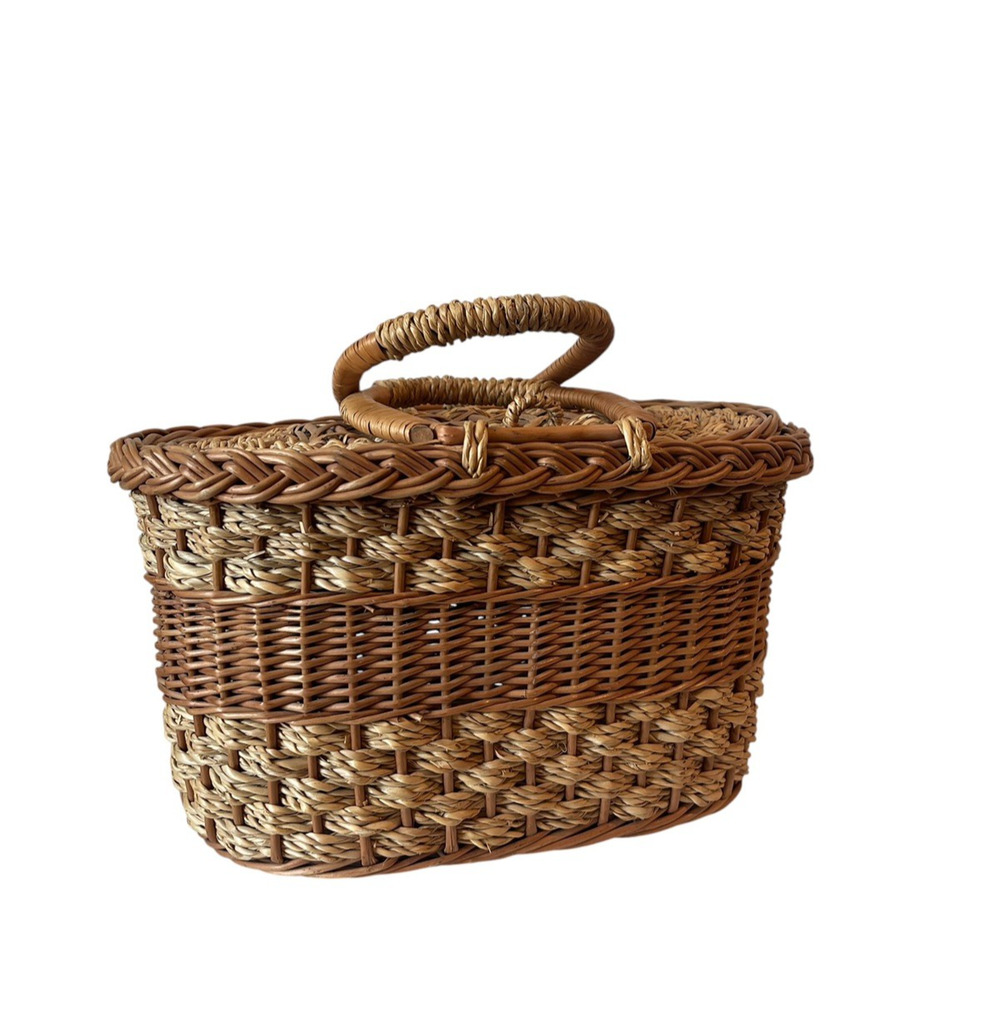 Vintage Woven Picnic Basket Small Two Toned Cottagecore Lidded Rattan Basket